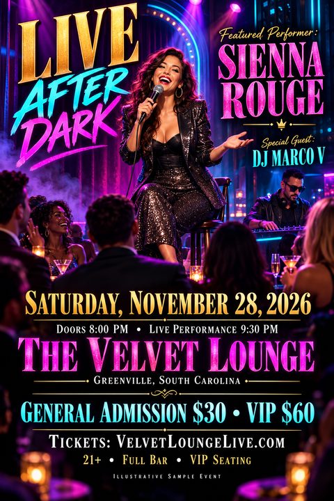 A vibrant nightclub flyer template featuring a glamorous female singer on stage, with neon pink and blue accents, bold gold text for the event details, and a DJ in the background.