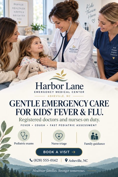 Flyer for a pediatric emergency medical center featuring a photo of a doctor examining a smiling child with a stethoscope, while the mother and a nurse look on. The text highlights gentle emergency care for kids' fever and flu.