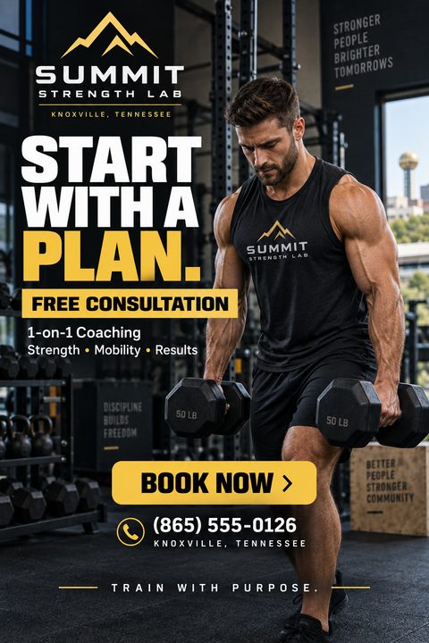 A bold fitness flyer featuring a muscular man lifting dumbbells in a gym. The design uses a striking black and yellow color scheme with large text reading "Start With A Plan."