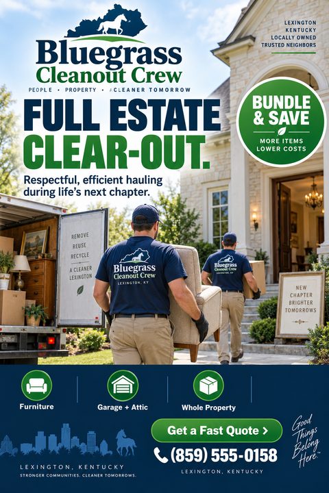 Flyer for an estate cleanout service. A large background photo shows two men carrying furniture from a stone house to a truck. The design features navy blue and green text with service icons.