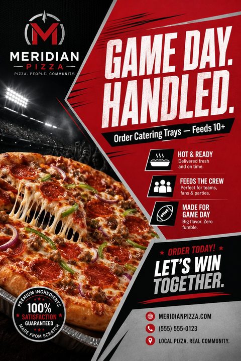 A bold red and black flyer for Meridian Pizza promoting 'Game Day Handled' catering trays. It features a large photo of a cheesy supreme pizza with a slice being pulled away, set against a background of a crowded sports stadium.
