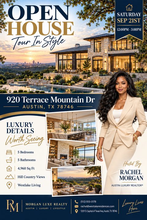 A luxury real estate open house flyer in navy blue and gold. It features a large sunset photo of a mansion, a female agent cutout, three interior photos, and property details.