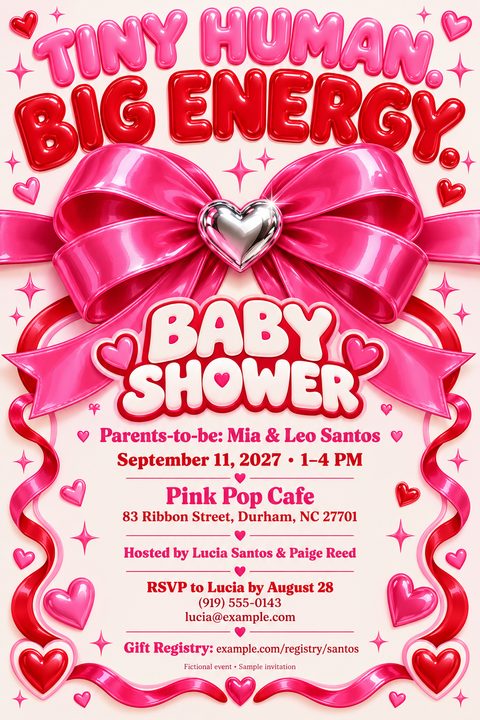 A vibrant pink baby shower invitation featuring a large glossy pink bow with a silver heart center, 3D bubble text reading 'Tiny Human. Big Energy.', and scattered pink and red hearts and sparkles.