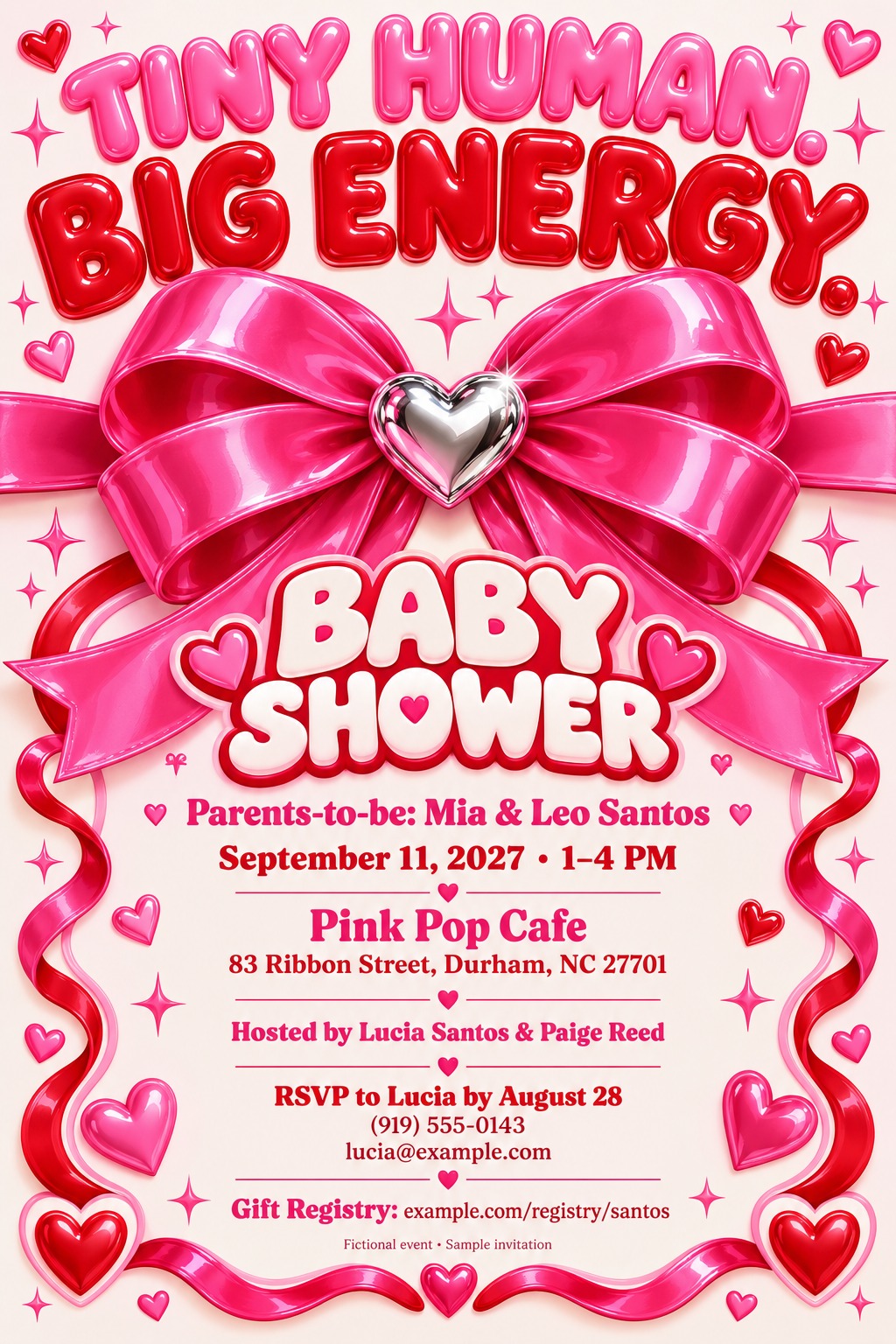 A vibrant pink baby shower invitation featuring a large glossy pink bow with a silver heart center, 3D bubble text reading 'Tiny Human. Big Energy.', and scattered pink and red hearts and sparkles.