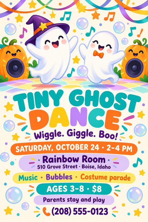 A bright, colorful kids' Halloween flyer featuring two cute cartoon ghosts dancing on a multicolored floor, flanked by pumpkin speakers. Bubbles, music notes, and playful text highlight event details.