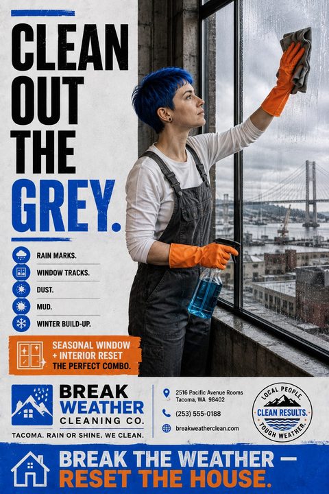 Flyer for a cleaning company featuring a person with blue hair and orange gloves cleaning a large window overlooking a city and bridge. Bold text reads 'Clean out the grey.'