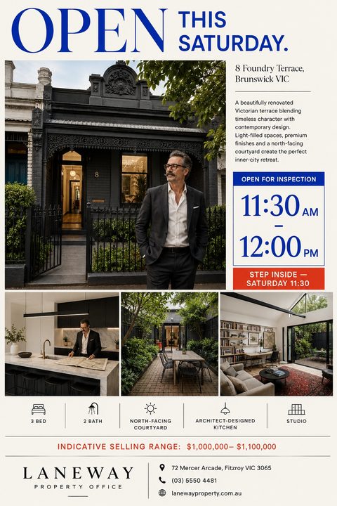 Real estate open house flyer featuring a large photo of a dark Victorian terrace house, three smaller interior photos, bold blue 'OPEN' text, inspection times, and property details on a cream background.