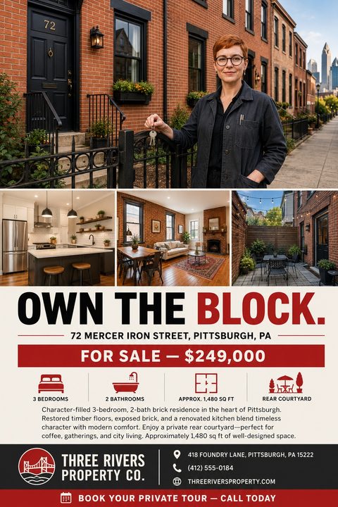 Real estate flyer featuring a large top photo of an agent holding keys outside a brick townhouse, above a grid of three interior photos. Bold black and red text highlights property details.