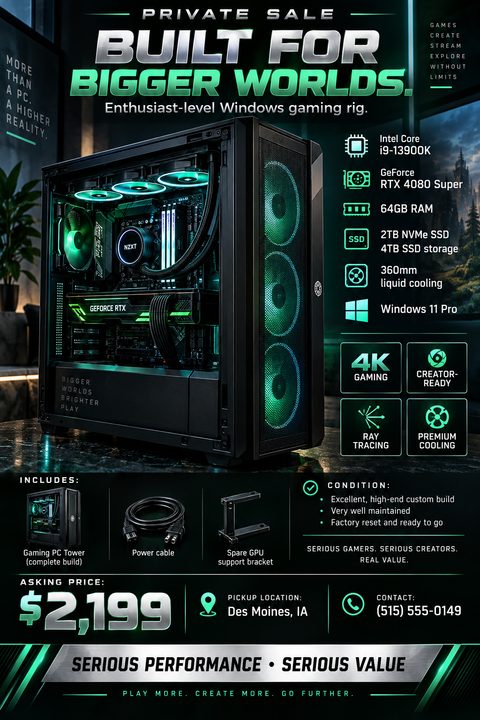 A dark-themed flyer for selling a gaming PC. It features a large central photo of an illuminated PC tower, a detailed spec list with neon green icons, included accessories, asking price, and contact details.