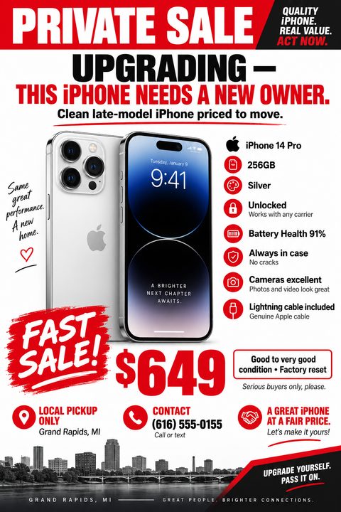 A bold red, black, and white flyer advertising a private sale for a smartphone. It features a large photo of a phone, bulleted specifications, a prominent price, and a city skyline silhouette.