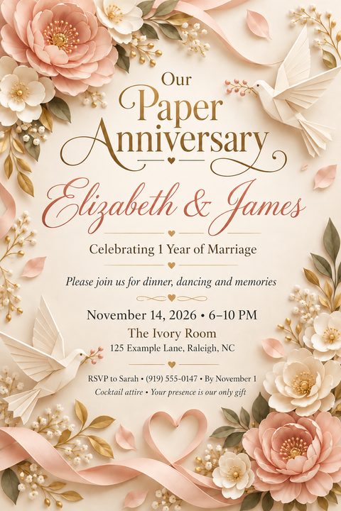 An elegant anniversary invitation featuring 3D paper-style pink and white flowers, gold leaves, and origami doves framing the central text on a soft cream background.