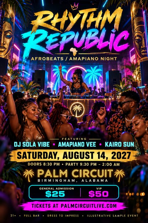 A vibrant club night flyer featuring a female DJ performing for a dancing crowd. The design uses bright neon pink, blue, and gold colors with tropical palm tree motifs and bold typography.