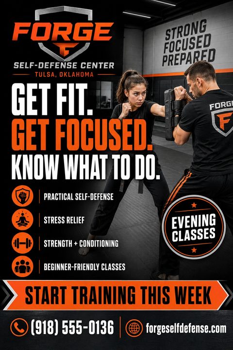 Flyer for Forge Self-Defense Center in Tulsa, Oklahoma. Features a photo of a woman practicing punches with a male instructor holding pads. Text reads 'Get Fit. Get Focused. Know What To Do.' Lists benefits: Practical Self-Defense, Stress Relief.