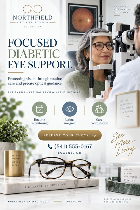 Flyer for an optical studio featuring a woman getting an eye exam and a pair of tortoiseshell glasses on a marble counter. Text reads 'Focused Diabetic Eye Support.'