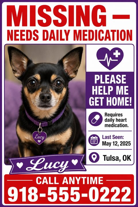 Missing pet flyer with bold red 'MISSING' text, a photo of a small black and tan dog named Lucy, and details about her needing daily heart medication.