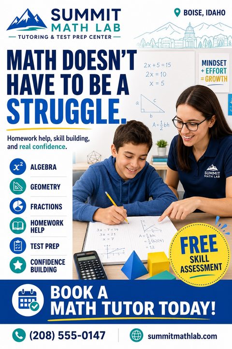 Flyer for Summit Math Lab Tutoring & Test Prep Center. Headline reads 'Math doesn't have to be a struggle.' Shows a female tutor helping a young male student with math homework. Lists subjects like Algebra, Geometry, and Test Prep. Includes a 'Free.
