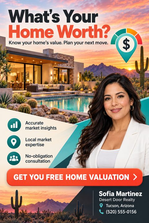 Real estate flyer template featuring a modern desert home at sunset, a large agent portrait, a home value gauge graphic, bullet points for services, and a bright orange call-to-action button.