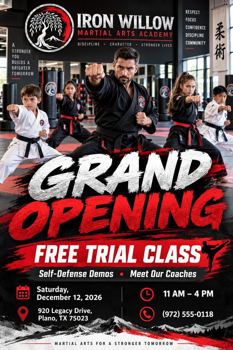 A martial arts academy grand opening flyer featuring an instructor and students in gis punching forward. Bold red and white brushstroke text reads Grand Opening and Free Trial Class above event details.