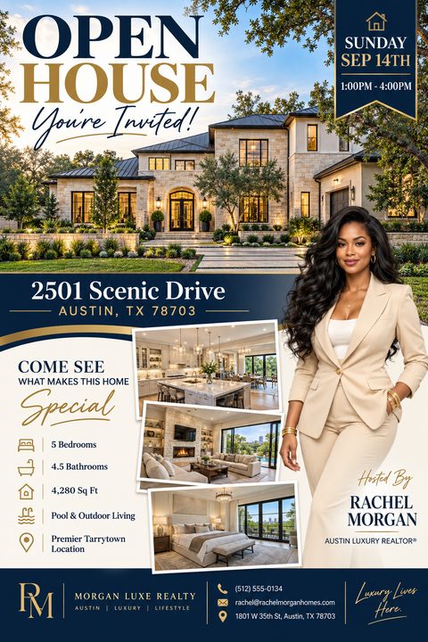 Real estate open house flyer with a large photo of a luxury home exterior, three smaller interior photos, a real estate agent portrait, and text details in navy blue and gold.