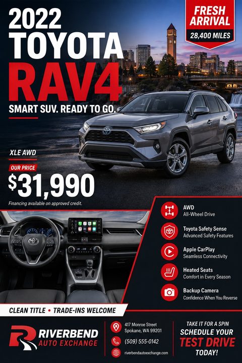 A bold red and black car sales flyer featuring a large photo of an SUV, an interior dashboard shot, a prominent price, and a list of vehicle features with icons.
