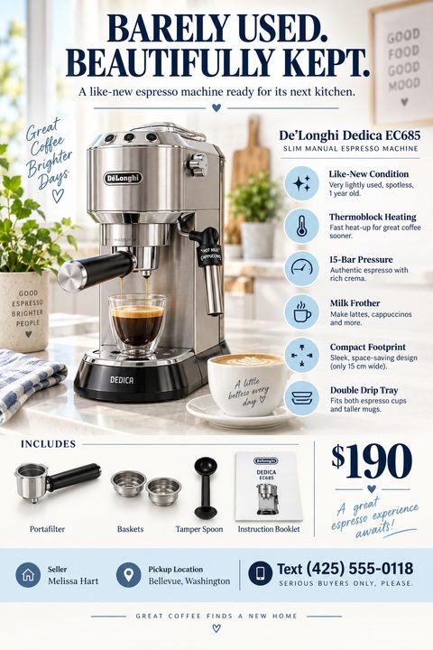 A clean, modern flyer for selling a used espresso machine. It features a large product photo on a kitchen counter, a light blue icon list of features, included accessories, price, and contact details.