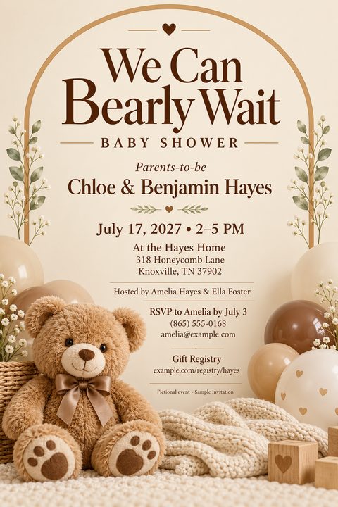 Baby shower invitation flyer featuring a plush teddy bear sitting next to a basket, a knitted blanket, wooden blocks, and brown and beige balloons. The text reads 'We Can Bearly Wait Baby Shower' inside a brown arch frame with floral accents.