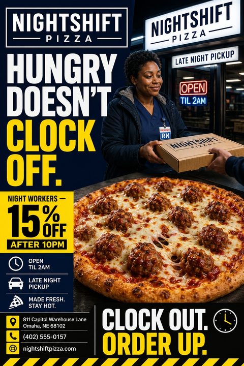 Flyer for Nightshift Pizza featuring a large meatball pizza, a nurse picking up a pizza box, and text promoting a 15% discount for night workers after 10 PM.