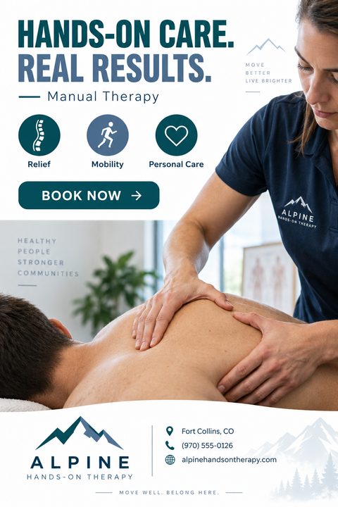 Flyer for manual therapy featuring a photo of a therapist massaging a patient's back. Text reads 'Hands-On Care. Real Results. Manual Therapy'. Includes icons for relief, mobility, and personal care, plus a 'Book Now' button and contact details.
