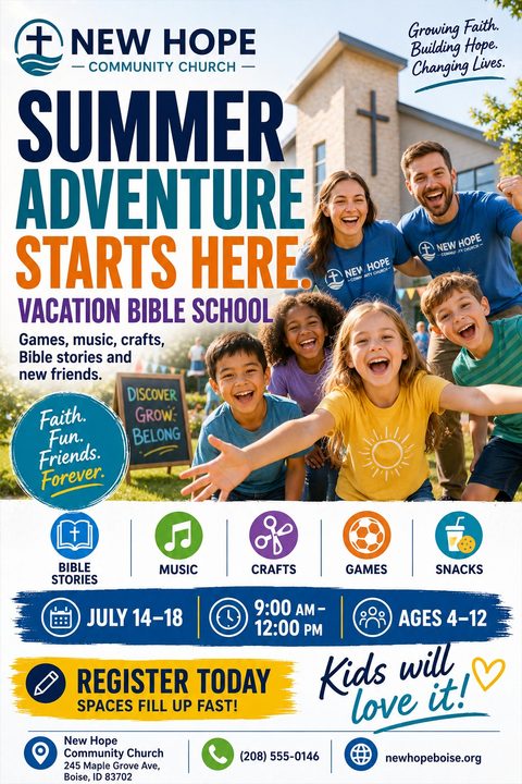 Flyer for Vacation Bible School titled 'Summer Adventure Starts Here'. Shows a group of happy children and two adult leaders outside a church. Includes colorful icons for Bible stories, music, crafts, games, and snacks, plus event details and.