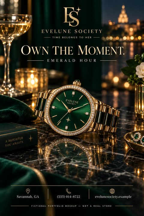 A luxury watch with a green face and gold band rests on a dark marble surface, reflecting in the stone. The background features blurred city lights and a champagne glass, creating an elegant atmosphere.