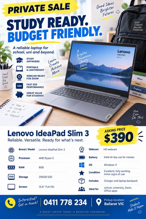 Flyer for a private sale of a Lenovo IdeaPad Slim 3 laptop. Features a large photo of the laptop on a desk, bulleted features, detailed specifications table, asking price of $390, and contact information.