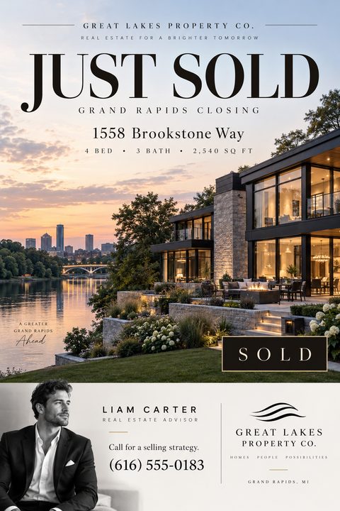 A luxury real estate just sold flyer featuring a modern waterfront home at sunset. The top displays elegant serif text, while the bottom includes an agent headshot and contact details.