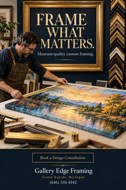 A flyer for custom framing services. The top half shows a man in an apron measuring a large landscape painting. The text reads 'Frame What Matters. Museum-quality custom framing.' The bottom half has a navy background with gold text for booking a.