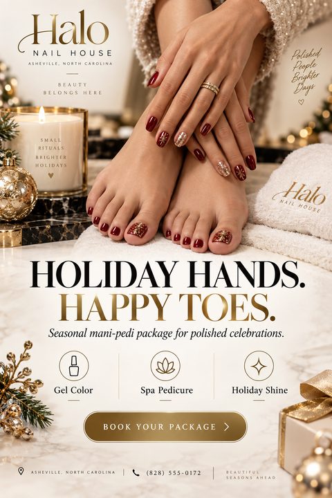 A festive nail salon flyer featuring a photo of hands and feet with red and gold holiday nail polish. The design includes elegant gold typography, holiday ornaments, and icons for mani-pedi services.