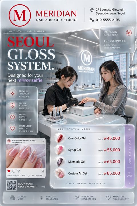 A sleek nail salon flyer with a glassmorphism design. It features a photo of a nail technician and client, a translucent price menu, and a mock Instagram post showcasing glossy nail art.