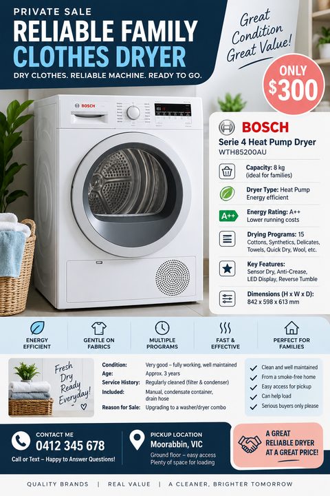 A private sale flyer for a clothes dryer featuring a large photo of the appliance, a red price circle, detailed specifications, condition information, and contact details on a navy and light blue background.