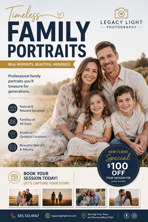 Flyer for Legacy Light Photography advertising Timeless Family Portraits. Features a large photo of a smiling family in a field, a $100 off special offer badge, and four smaller family photos at the bottom.
