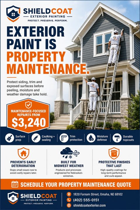 A flyer for exterior painting services featuring a large photo of two painters on ladders working on a grey house. The design uses bold navy blue and orange text with several informational icons.