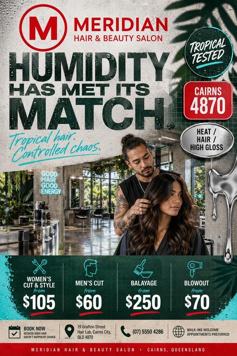 A hair salon flyer with a grungy, wet-look background. It features a photo of a stylist doing a woman's hair, bold text about humidity, and a four-column pricing menu for cuts and styling.