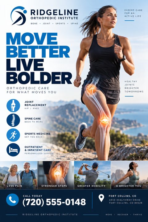 A flyer for Ridgeline Orthopedic Institute with a large photo of a woman running on a trail, with a glowing graphic of a knee joint superimposed. Text reads 'Move Better Live Bolder'. Below are icons for joint replacement, spine care, sports.
