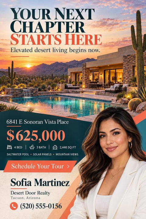 Real estate flyer template with a large sunset photo of a desert home with a pool. A teal angled section holds the price and details, next to a prominent real estate agent headshot.