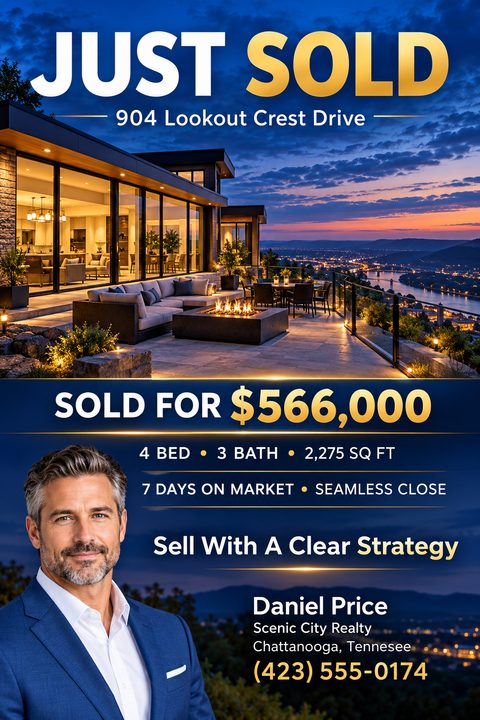 Real estate flyer with 'JUST SOLD' in large gold letters over a twilight photo of a modern home with a patio overlooking a city and river. Below is the sold price, property details, and an agent's photo and contact info.