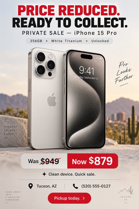 Flyer for a private sale of a smartphone. Large text reads 'PRICE REDUCED. READY TO COLLECT.' above a photo of two smartphones on a rock with a desert background. A red box highlights the new price of $879, crossed out from $949. Contact info is at.