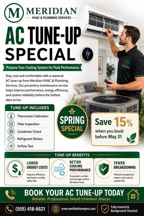 A promotional flyer for an AC tune-up special featuring a technician inspecting a wall-mounted air conditioner. The design uses dark green and gold accents, listing service inclusions, benefits, and a 15% discount offer.