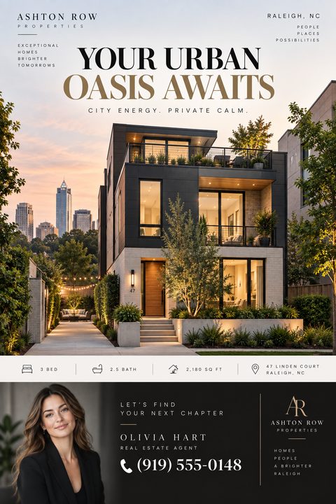 Real estate flyer template featuring a modern, multi-story urban home at dusk. The headline reads 'Your Urban Oasis Awaits'. Below the property photo are details like bedrooms, bathrooms, and square footage. The bottom section includes an agent.