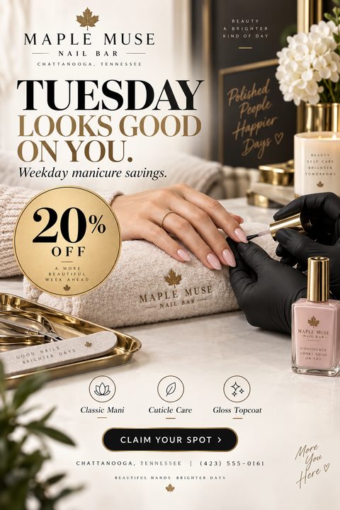Elegant nail salon flyer featuring a woman receiving a manicure from a technician in black gloves. The design includes luxurious gold typography, a 20 percent off badge, and a spa-like background.