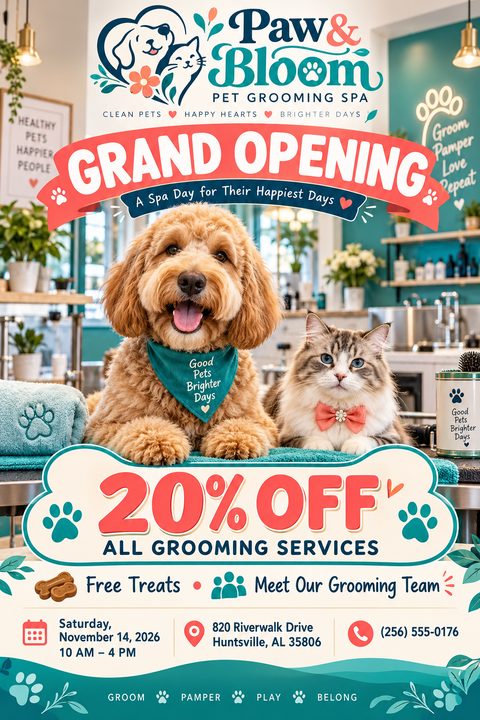 A pet grooming grand opening flyer featuring a fluffy dog and a cat sitting on a grooming table. It includes a red 'Grand Opening' banner, a 20% off offer, and teal accents.