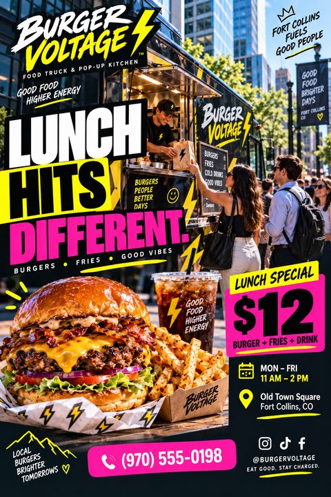 A vibrant food truck flyer featuring a large bacon cheeseburger and fries, below a photo of a customer at a black food truck. Bold yellow and pink text highlights a lunch special.