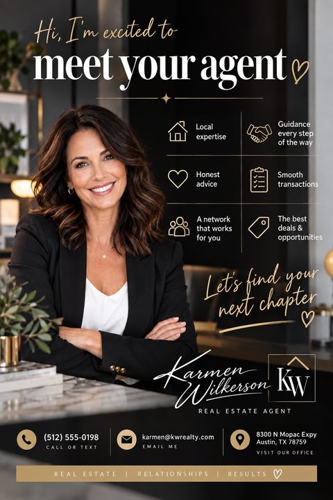 A real estate agent introduction flyer featuring a large portrait of a smiling woman in a black blazer. The text reads 'Hi, I'm excited to meet your agent' and lists benefits like 'Local expertise' and 'Honest advice'. The design uses a black.