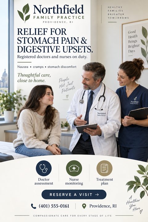 A medical clinic flyer featuring a doctor and nurse consulting with a young female patient. The design uses navy blue and olive green text and icons over a cream background.